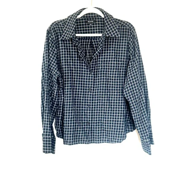 MADEWELL Easy Y-Neck Button-Up Shirt Indigo White Plaid Flannel Cotton XL $88 - Picture 2 of 10
